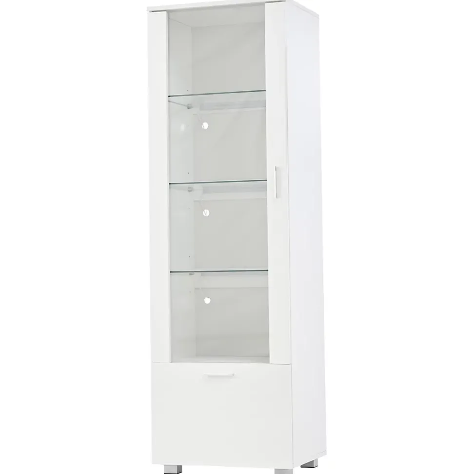 Vitrine laquée brillante avec éclairage LED - Porte en acrylique+1 tiroir - Étagères en verre - Panneaux de particules - Blanc