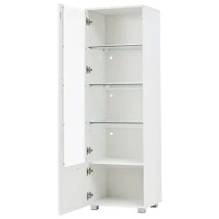 Vitrine laquée brillante avec éclairage LED - Porte en acrylique+1 tiroir - Étagères en verre - Panneaux de particules - Blanc