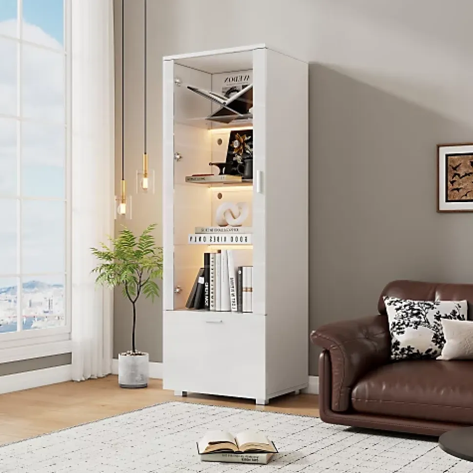 Vitrine laquée brillante avec éclairage LED - Porte en acrylique+1 tiroir - Étagères en verre - Panneaux de particules - Blanc