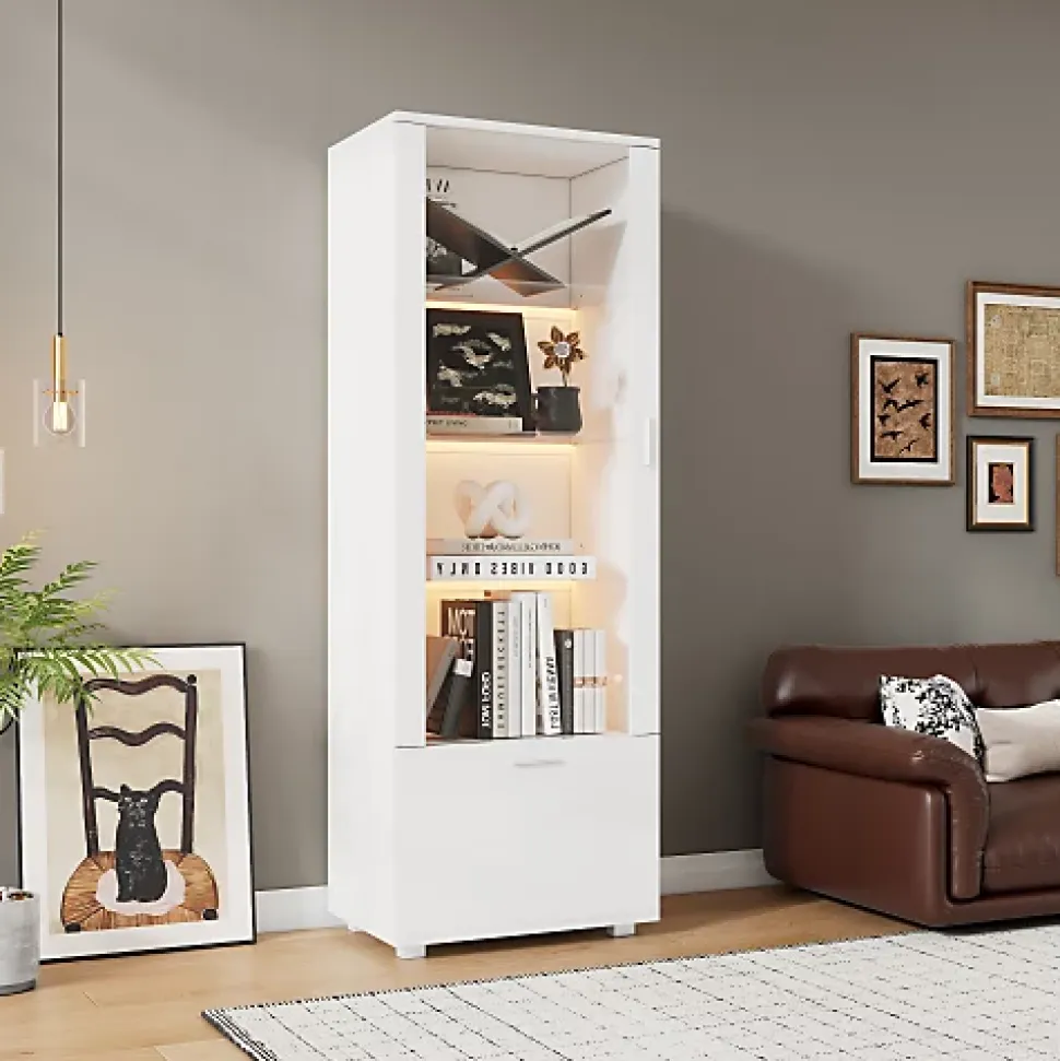 Vitrine laquée brillante avec éclairage LED - Porte en acrylique+1 tiroir - Étagères en verre - Panneaux de particules - Blanc