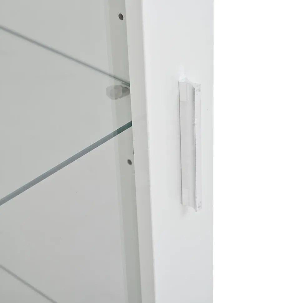 Vitrine laquée brillante avec éclairage LED - Porte en acrylique+1 tiroir - Étagères en verre - Panneaux de particules - Blanc
