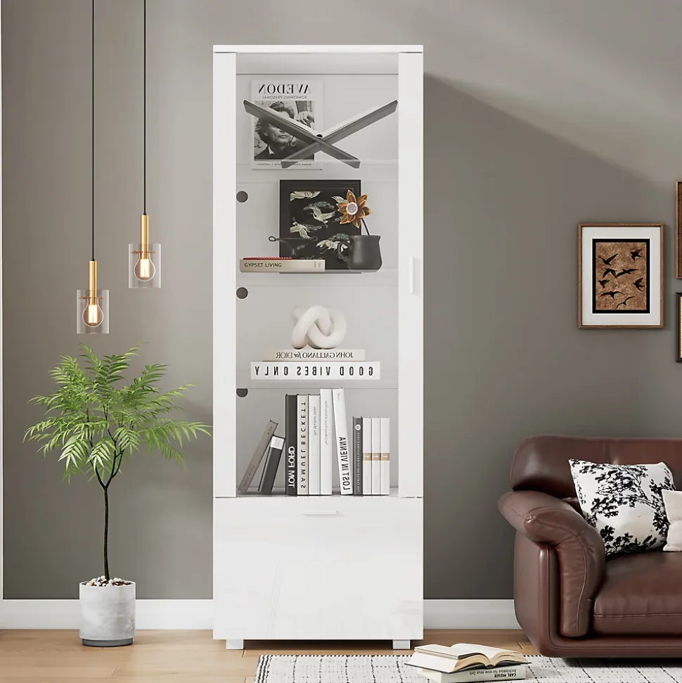Vitrine laquée brillante avec éclairage LED - Porte en acrylique+1 tiroir - Étagères en verre - Panneaux de particules - Blanc