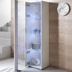 Vitrine LED contemporaine - Blanc brillant - 1 porte - 4 compart. - 40x167x29 cm