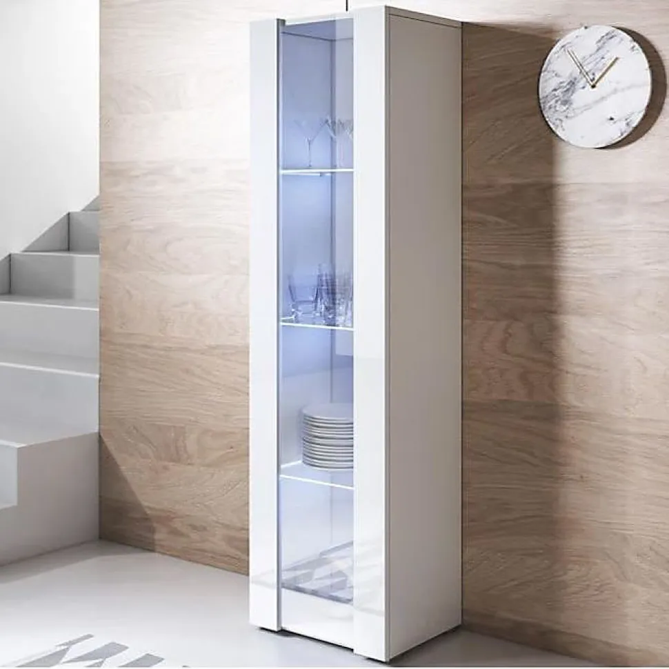 Vitrine LED contemporaine - Blanc brillant - 1 porte - 4 compart. - 40x167x29 cm