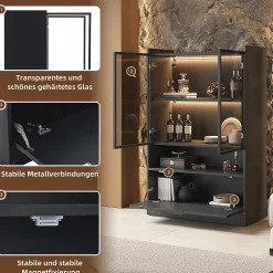 Vitrine LED Salon avec Portes en Verre et Abattante - 16 Couleurs, MDF + Verre Trempé, Noir, 80x35x120 cm