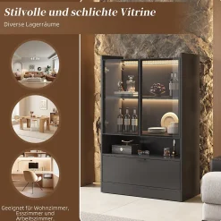 Vitrine LED Salon avec Portes en Verre et Abattante - 16 Couleurs, MDF + Verre Trempé, Noir, 80x35x120 cm