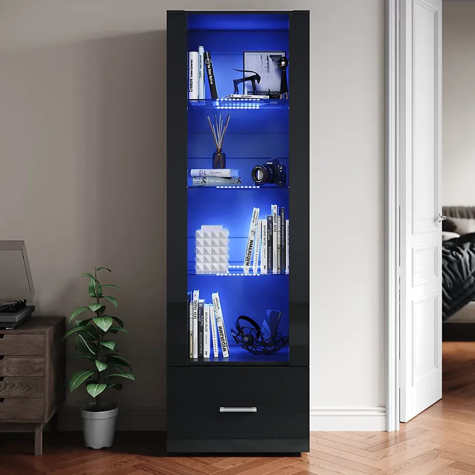 Vitrine LED Sirhona Noir 1720 x 550 x 350 mm Meuble de rangement avec un tiroir de grande capacité, 3 compartiments en verre
