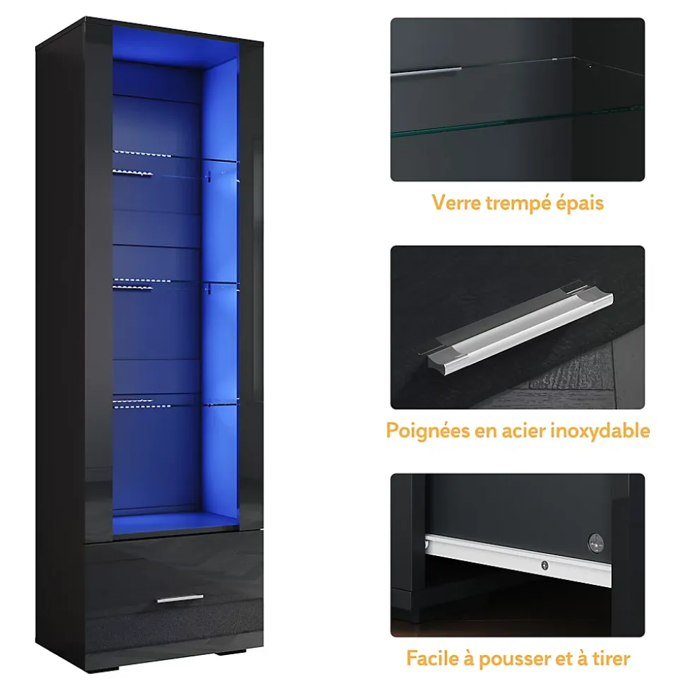 Vitrine LED Sirhona Noir 1720 x 550 x 350 mm Meuble de rangement avec un tiroir de grande capacité, 3 compartiments en verre