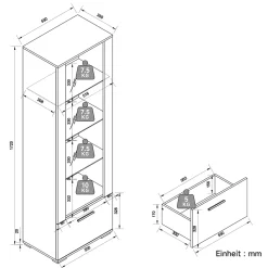 Vitrine LED Sirhona Noir 1720 x 550 x 350 mm Meuble de rangement avec un tiroir de grande capacité, 3 compartiments en verre