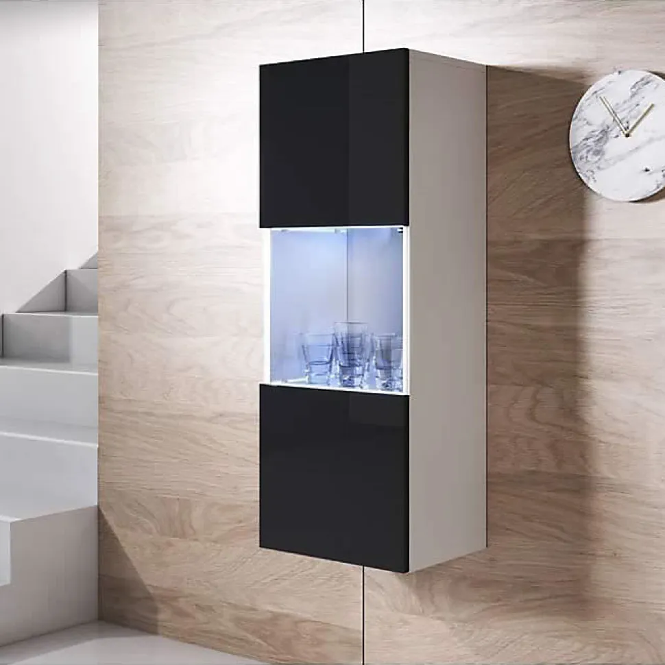 Vitrine LED verticale brillante - Blanc/Noir - Mélamine - 1 porte - 40x29x126 cm