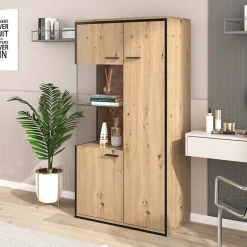 Vitrine LED 150x78x40cm - avec grand espace de rangement porte en verre - meuble de présentation - naturel bois