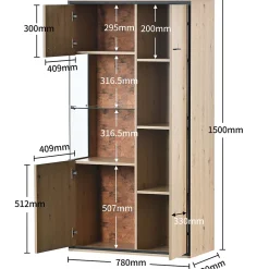 Vitrine LED 150x78x40cm - avec grand espace de rangement porte en verre - meuble de présentation - naturel bois