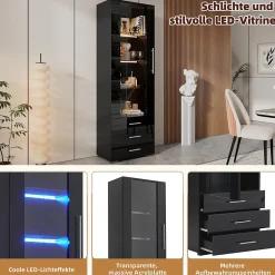 Vitrine Meubles de Salon et de Rangement avec 3 Tiroirs et LED Intégrée - MDF et Acrylique, Noir, 60x35x180 cm