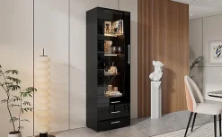 Vitrine Meubles de Salon et de Rangement avec 3 Tiroirs et LED Intégrée - MDF et Acrylique, Noir, 60x35x180 cm