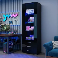 Vitrine Meubles de Salon et de Rangement avec 3 Tiroirs et LED Intégrée - MDF et Acrylique, Noir, 60x35x180 cm