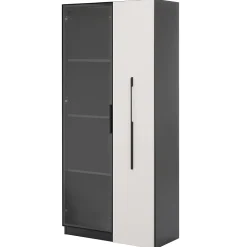 Vitrine mobile avec bibliothèque et LED - 1 porte vitrée et 1 tiroir - Avec roulettes - MDF - Noir et blanc