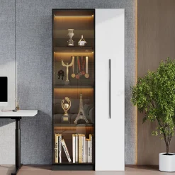 Vitrine mobile avec bibliothèque et LED - 1 porte vitrée et 1 tiroir - Avec roulettes - MDF - Noir et blanc