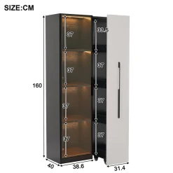 Vitrine mobile avec bibliothèque et LED - 1 porte vitrée et 1 tiroir - Avec roulettes - MDF - Noir et blanc