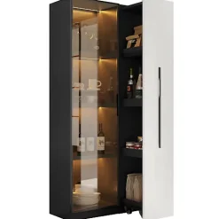Vitrine mobile avec bibliothèque et LED - 1 porte vitrée et 1 tiroir - Avec roulettes - MDF - Noir et blanc