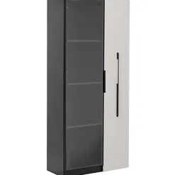 Vitrine mobile avec bibliothèque et LED - 1 porte vitrée et 1 tiroir - Avec roulettes - MDF - Noir et blanc