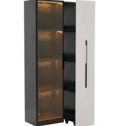Vitrine mobile avec bibliothèque et LED - 1 porte vitrée et 1 tiroir - Avec roulettes - MDF - Noir et blanc