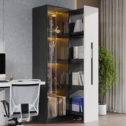 Vitrine mobile avec bibliothèque et LED - 1 porte vitrée et 1 tiroir - Avec roulettes - MDF - Noir et blanc