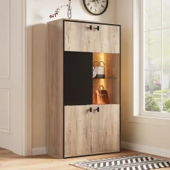 Vitrine Moderne - Meuble de Rangement en Bois avec Portes Battantes et Coulissantes, Étagères Ouvertes, Naturel 77,8x36x150 cm