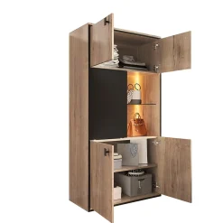 Vitrine Moderne - Meuble de Rangement en Bois avec Portes Battantes et Coulissantes, Étagères Ouvertes, Naturel 77,8x36x150 cm