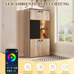 Vitrine Moderne - Meuble de Rangement en Bois avec Portes Battantes et Coulissantes, Étagères Ouvertes, Naturel 77,8x36x150 cm