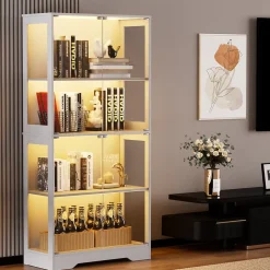 Vitrine Moderne 4 Niveaux avec Éclairage LED et Portes en Verre - Meuble de Rangement Anti-Poussière - Blanc, 80x35x165 cm