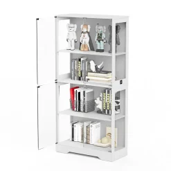 Vitrine Moderne 4 Niveaux avec Éclairage LED et Portes en Verre - Meuble de Rangement Anti-Poussière - Blanc, 80x35x165 cm