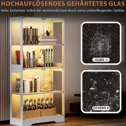 Vitrine Moderne 4 Niveaux avec Éclairage LED et Portes en Verre - Meuble de Rangement Anti-Poussière - Blanc, 80x35x165 cm