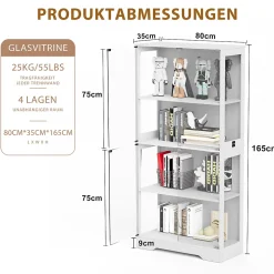 Vitrine Moderne 4 Niveaux avec Éclairage LED et Portes en Verre - Meuble de Rangement Anti-Poussière - Blanc, 80x35x165 cm