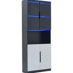 Vitrine Moderne - Vitrine avec Portes Vitrées et LED, Meuble de Rangement et Bibliothèque - 80 x 30 x 200 cm - Noir