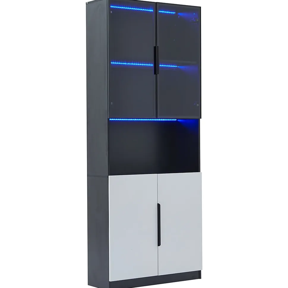 Vitrine Moderne - Vitrine avec Portes Vitrées et LED, Meuble de Rangement et Bibliothèque - 80 x 30 x 200 cm - Noir