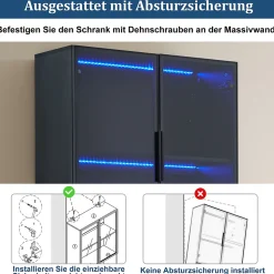 Vitrine Moderne - Vitrine avec Portes Vitrées et LED, Meuble de Rangement et Bibliothèque - 80 x 30 x 200 cm - Noir
