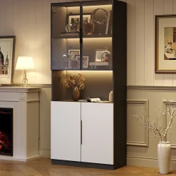 Vitrine Moderne - Vitrine avec Portes Vitrées et LED, Meuble de Rangement et Bibliothèque - 80 x 30 x 200 cm - Noir