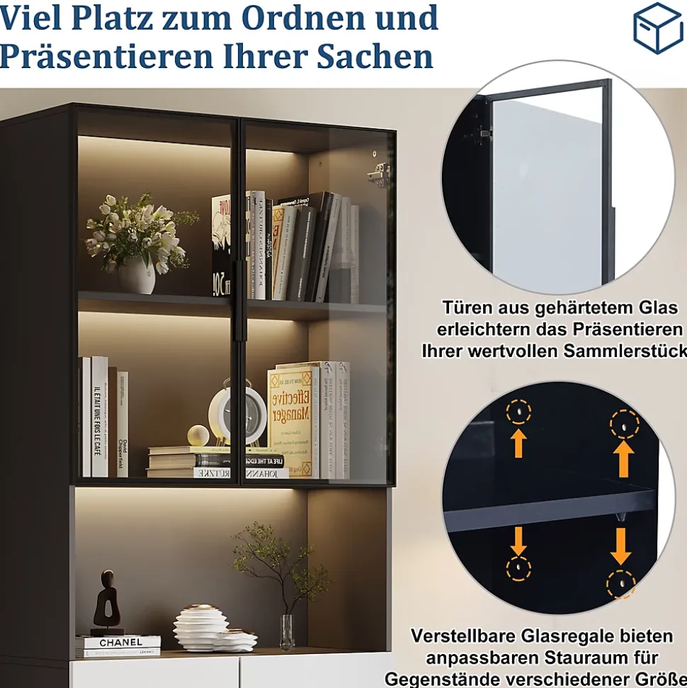 Vitrine Moderne - Vitrine avec Portes Vitrées et LED, Meuble de Rangement et Bibliothèque - 80 x 30 x 200 cm - Noir