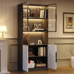 Vitrine Moderne - Vitrine avec Portes Vitrées et LED, Meuble de Rangement et Bibliothèque - 80 x 30 x 200 cm - Noir