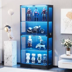 Vitrine Moderne avec 4 Niveaux et Éclairage LED - Meuble de Rangement Intelligent Anti-Poussière en Verre - Noir, 80x35x165 cm