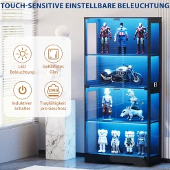 Vitrine Moderne avec 4 Niveaux et Éclairage LED - Meuble de Rangement Intelligent Anti-Poussière en Verre - Noir, 80x35x165 cm