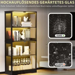 Vitrine Moderne avec 4 Niveaux et Éclairage LED - Meuble de Rangement Intelligent Anti-Poussière en Verre - Noir, 80x35x165 cm