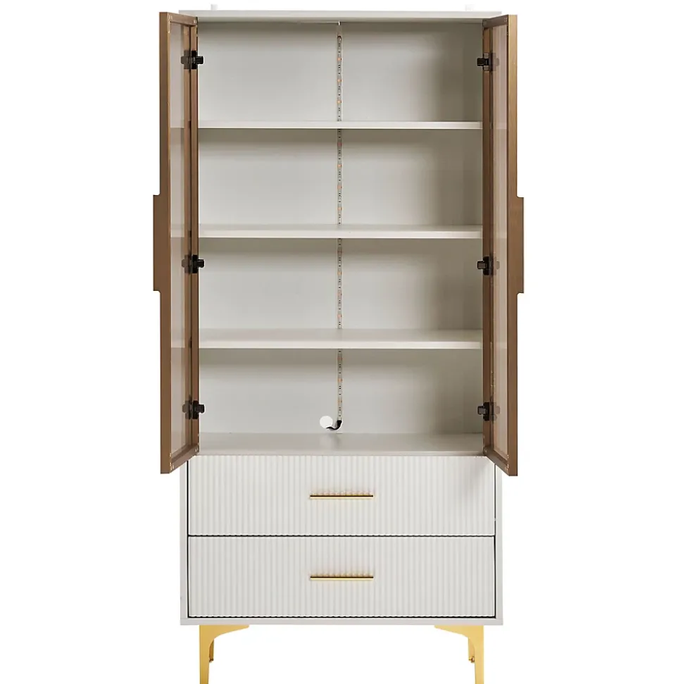 Vitrine Moderne avec 2 Portes en Verre, 2 Tiroirs et 3 Étagères Réglables - MDF - Blanc - 70x35x150 cm