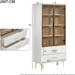 Vitrine Moderne avec 2 Portes en Verre, 2 Tiroirs et 3 Étagères Réglables - MDF - Blanc - 70x35x150 cm