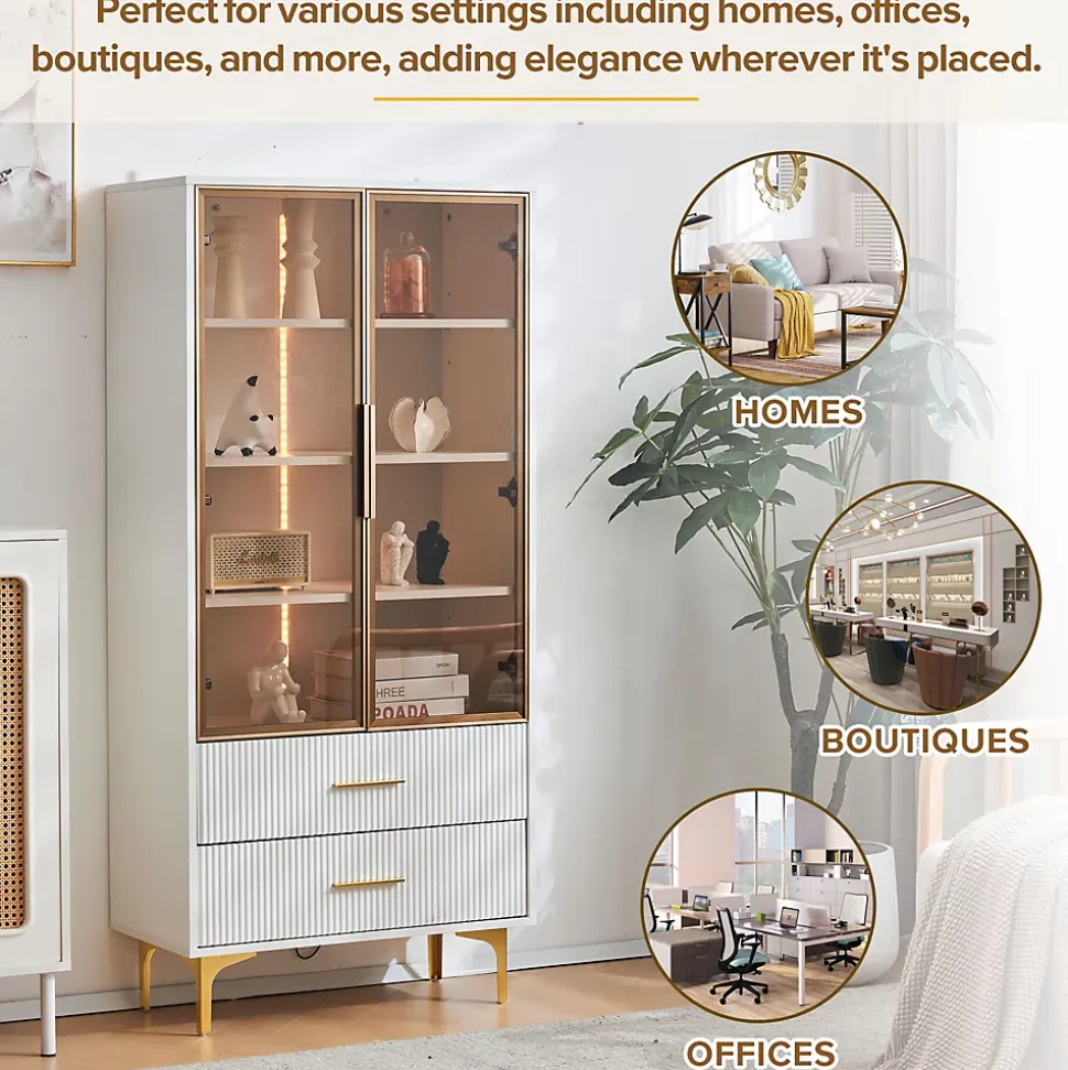 Vitrine Moderne avec 2 Portes en Verre, 2 Tiroirs et 3 Étagères Réglables - MDF - Blanc - 70x35x150 cm