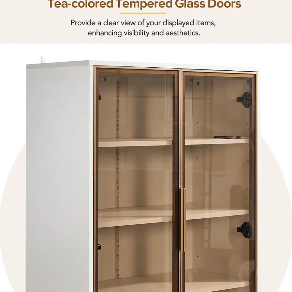 Vitrine Moderne avec 2 Portes en Verre, 2 Tiroirs et 3 Étagères Réglables - MDF - Blanc - 70x35x150 cm