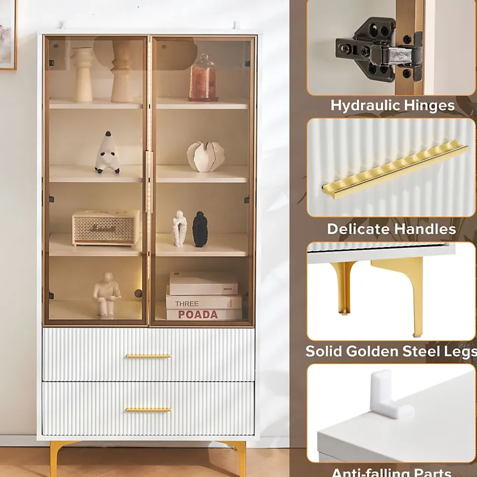 Vitrine Moderne avec 2 Portes en Verre, 2 Tiroirs et 3 Étagères Réglables - MDF - Blanc - 70x35x150 cm