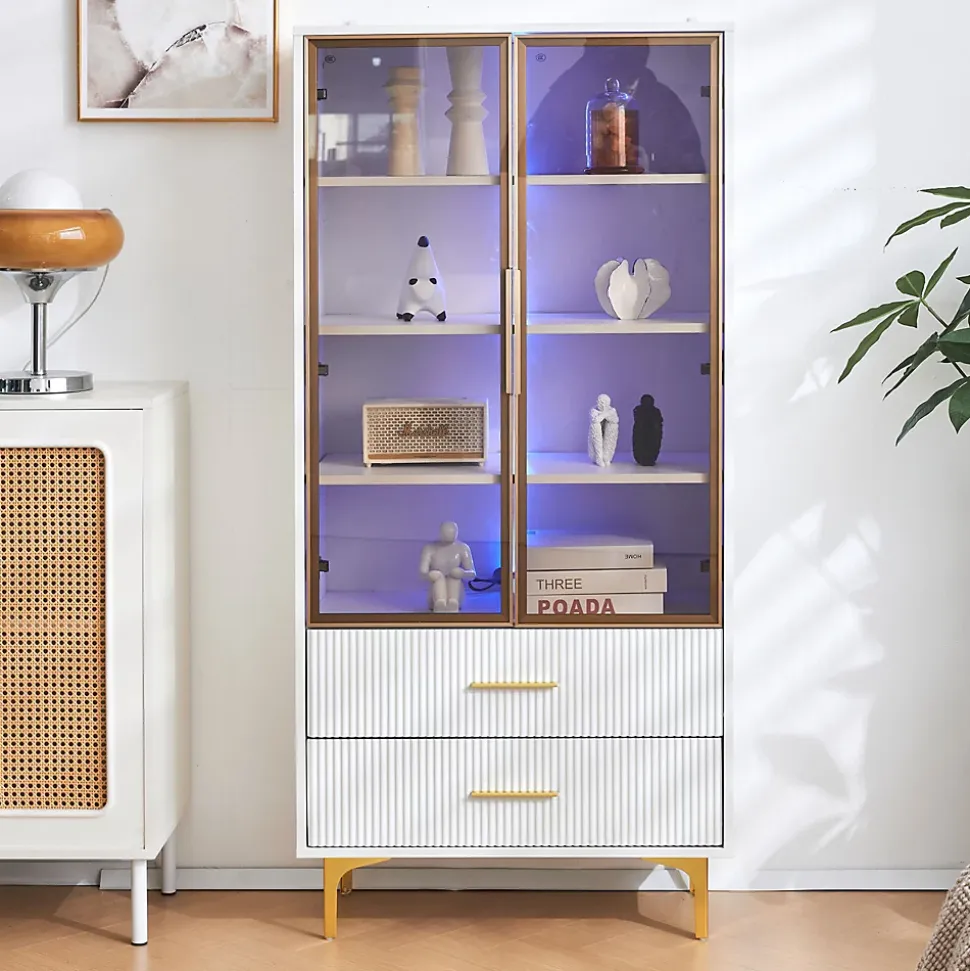 Vitrine Moderne avec 2 Portes en Verre, 2 Tiroirs et 3 Étagères Réglables - MDF - Blanc - 70x35x150 cm