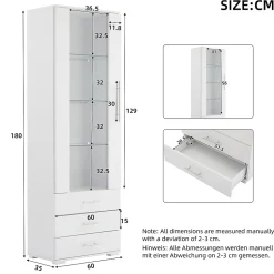 Vitrine Moderne avec 3 Tiroirs et Éclairage LED Intégré - Meuble de Salon Haut Brillant en MDF et Acrylique, Blanc, 60x35x180 cm