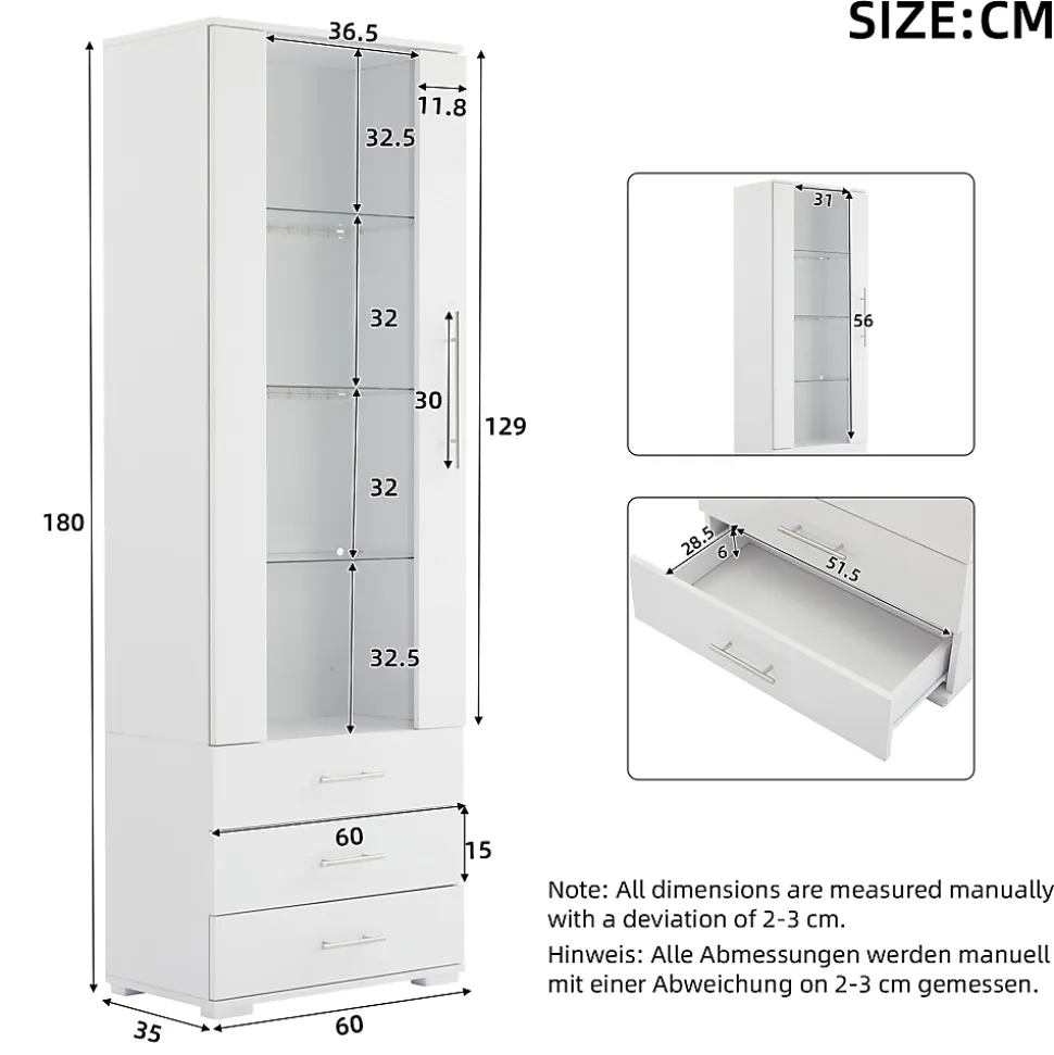 Vitrine Moderne avec 3 Tiroirs et Éclairage LED Intégré - Meuble de Salon Haut Brillant en MDF et Acrylique, Blanc, 60x35x180 cm
